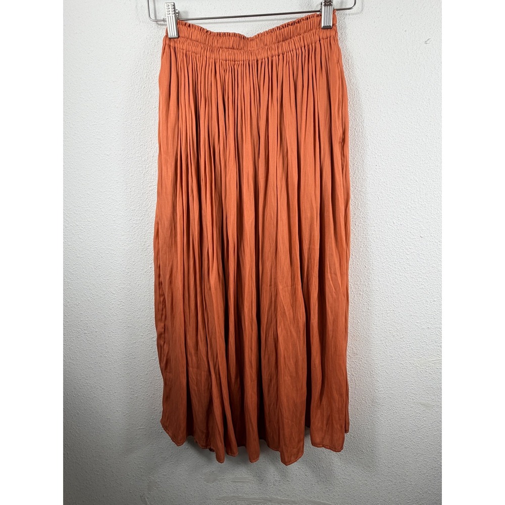 Uniqlo Womens Maxi Skirt Orange Small Pleated Elastic Waist Pockets Cottagecore